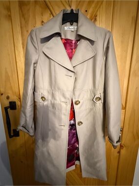 Kenneth Cole New York Taupe Trench Coat with Floral Lining